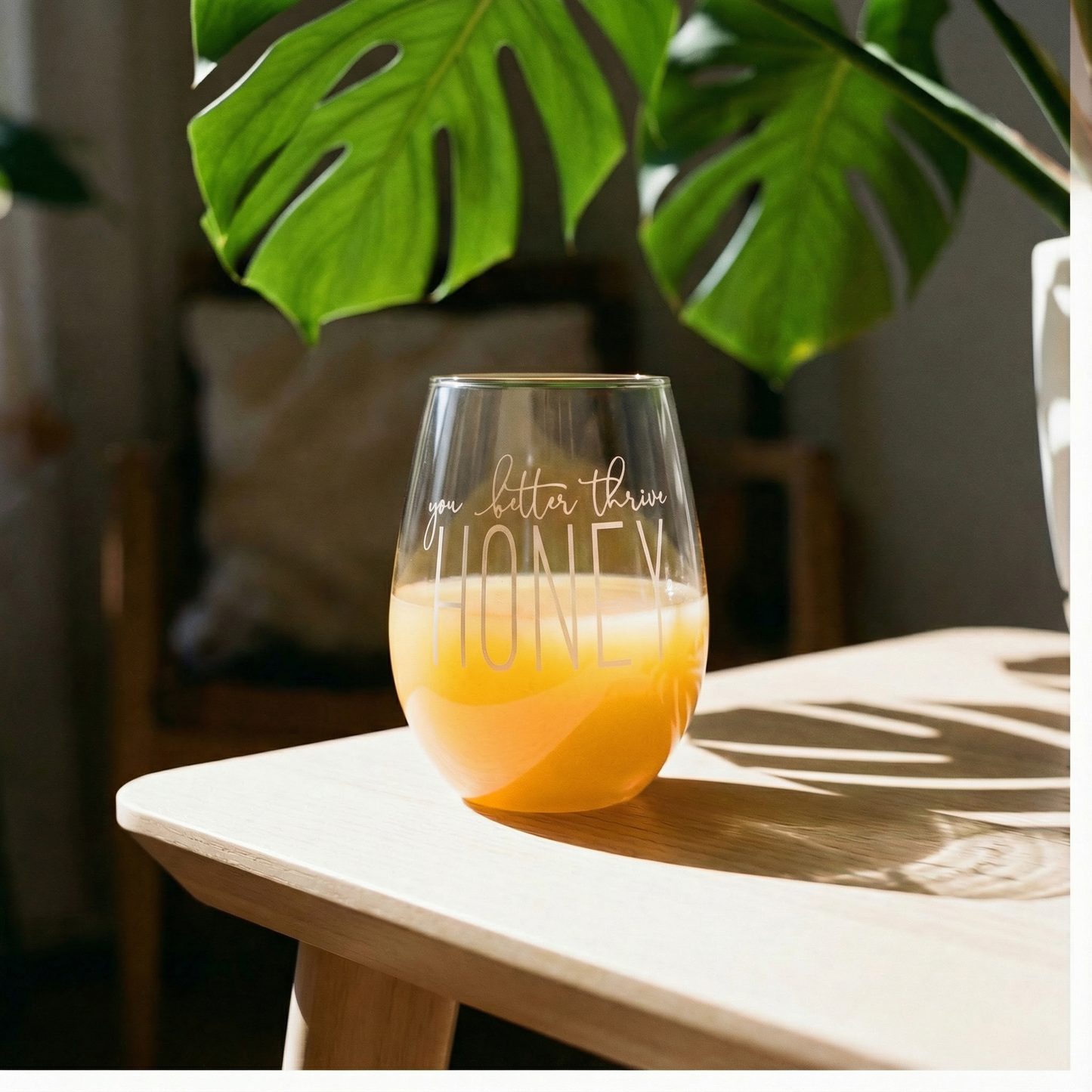 You Better Thrive Honey Wine Glass in Yellow Ombre | Stemless Wine Glass | 20oz
