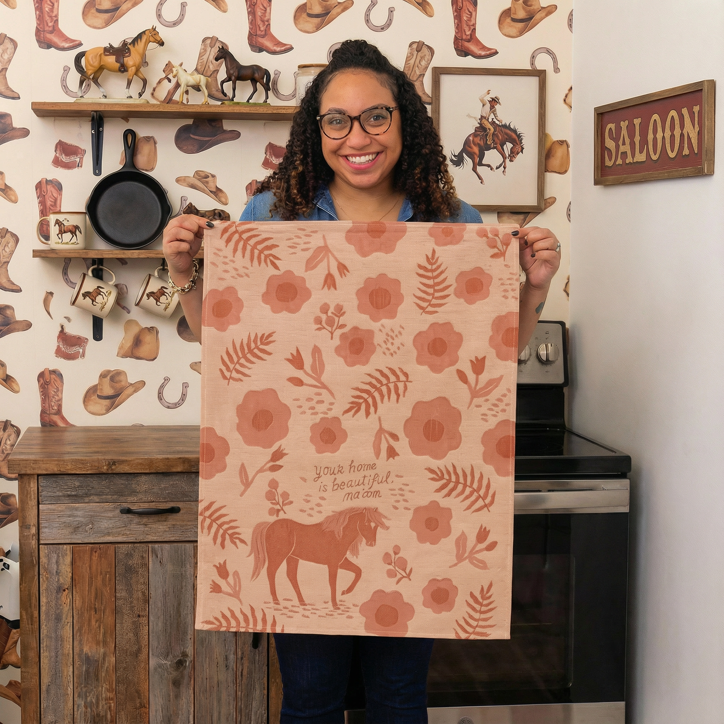 Your Home Is Beautiful Ma'am Woven Jacquard Kitchen Dish Cloth Tea Towel | Farmhouse Western Horse Theme | BlueQ at GetBullish