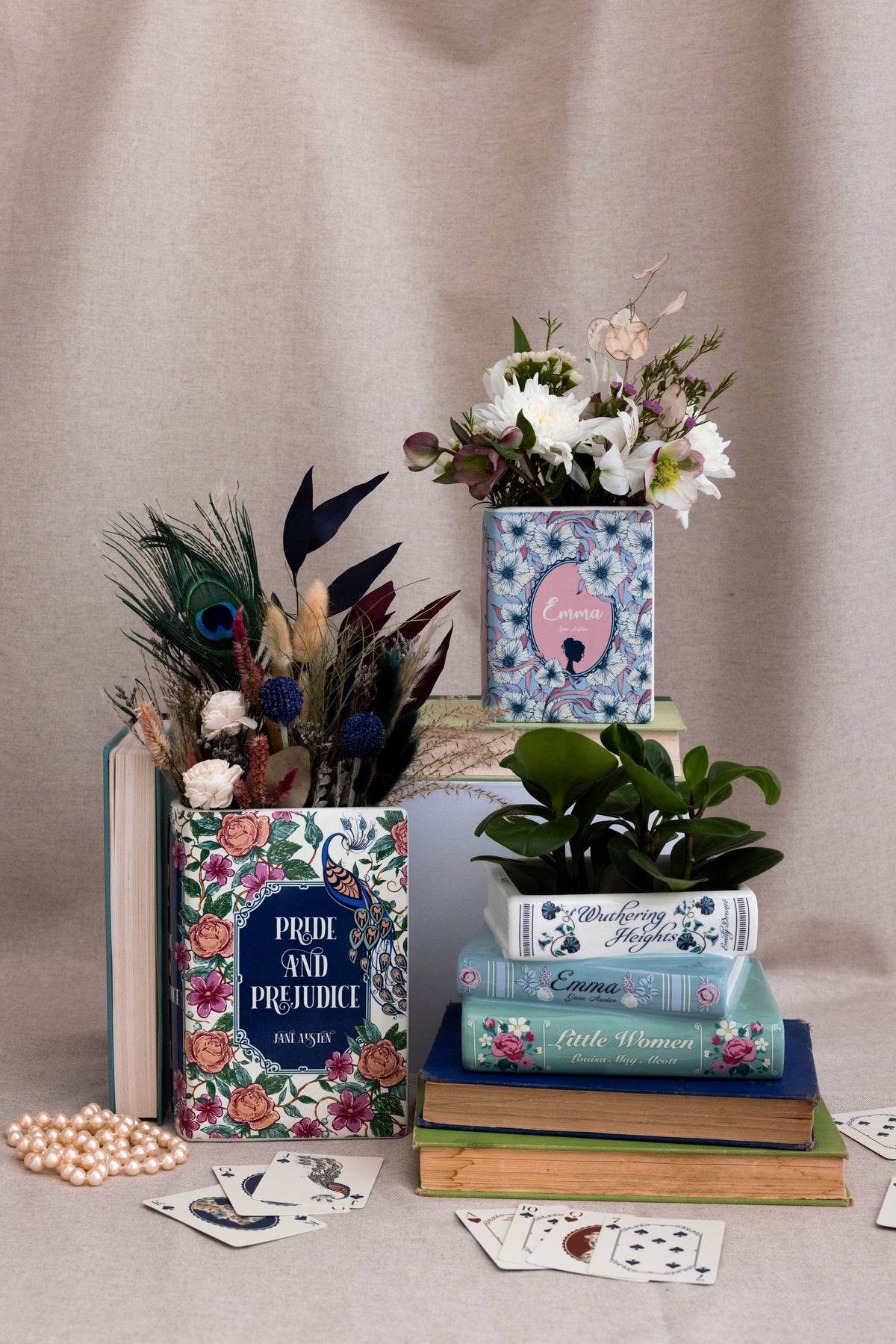 Stacked Books Ceramic Book Planter | Little Women, Emma, Wuthering Heights