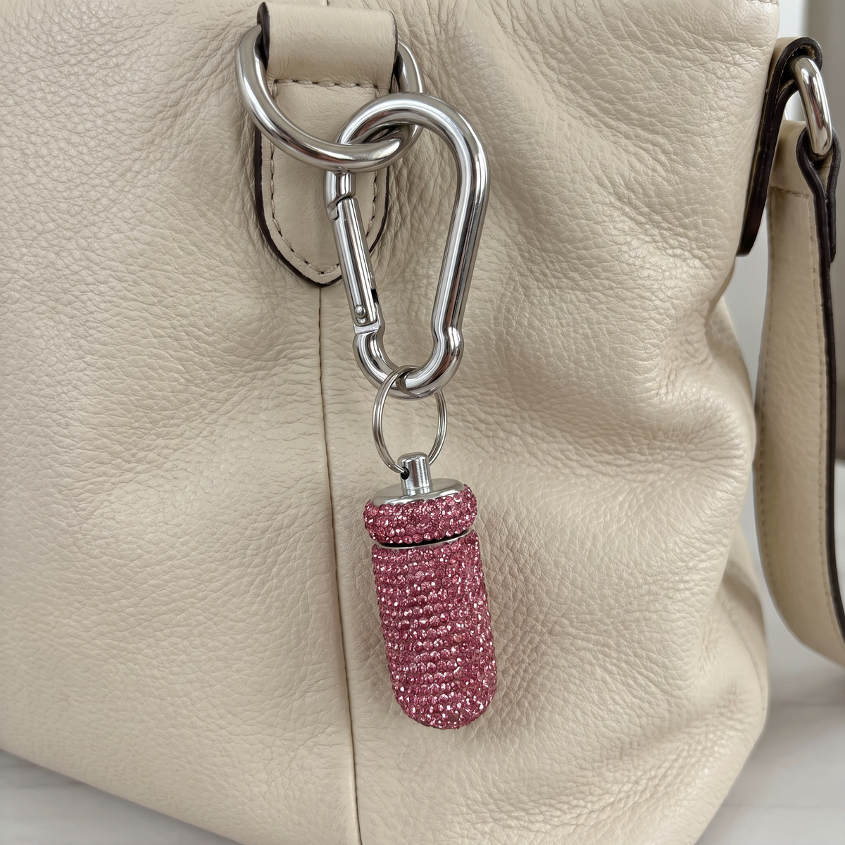 Diamond Doll Keychain Pill Case | Gem Encrusted Pill Bottle | Pink or Silver | 2.75"