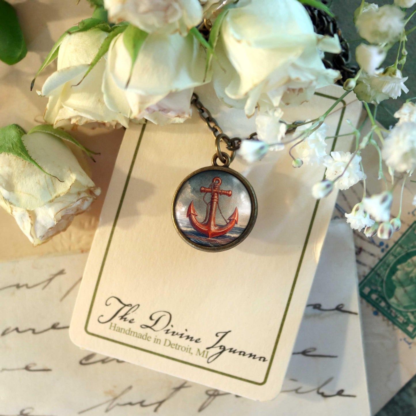 Deep Sea Anchor Simple Reversible Glass Pendant Necklace