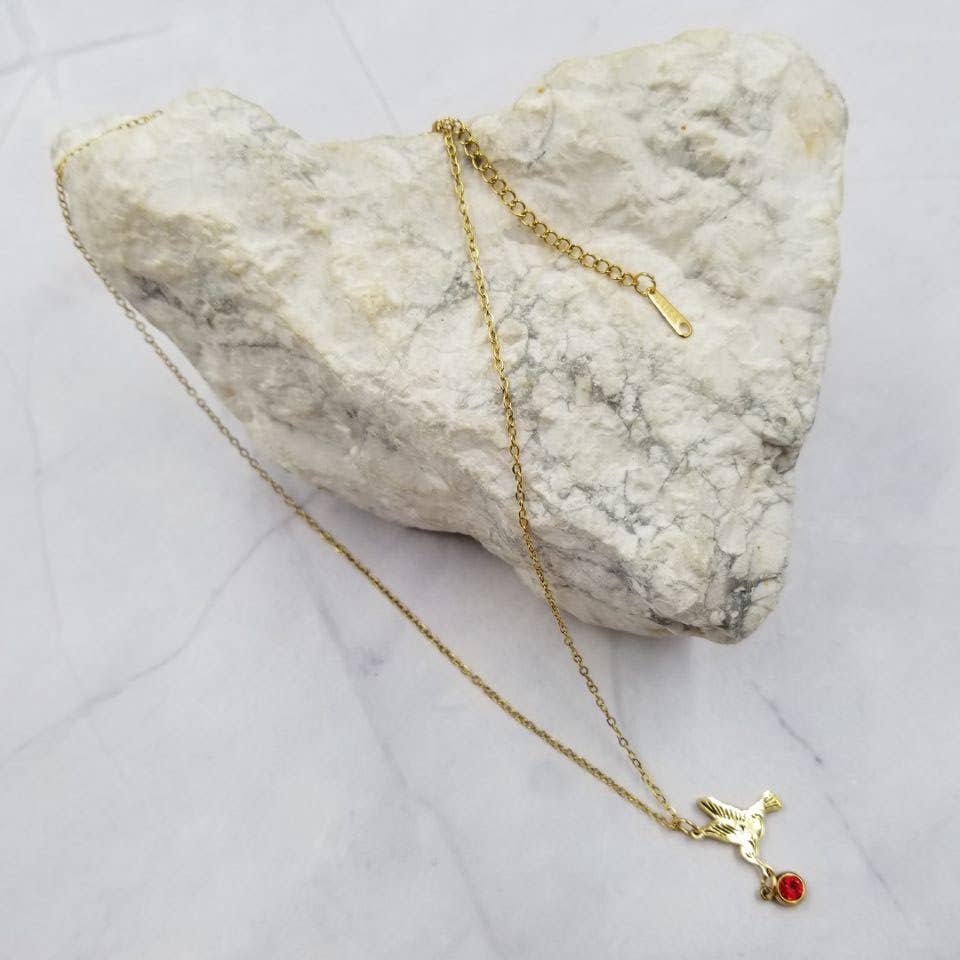 Gold Hummingbird Pendant Necklace | Red Rhinestone Accent