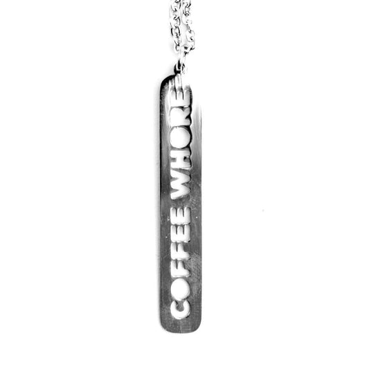 Coffee Whore Cutout Stainless Steel Drop Bar Necklace