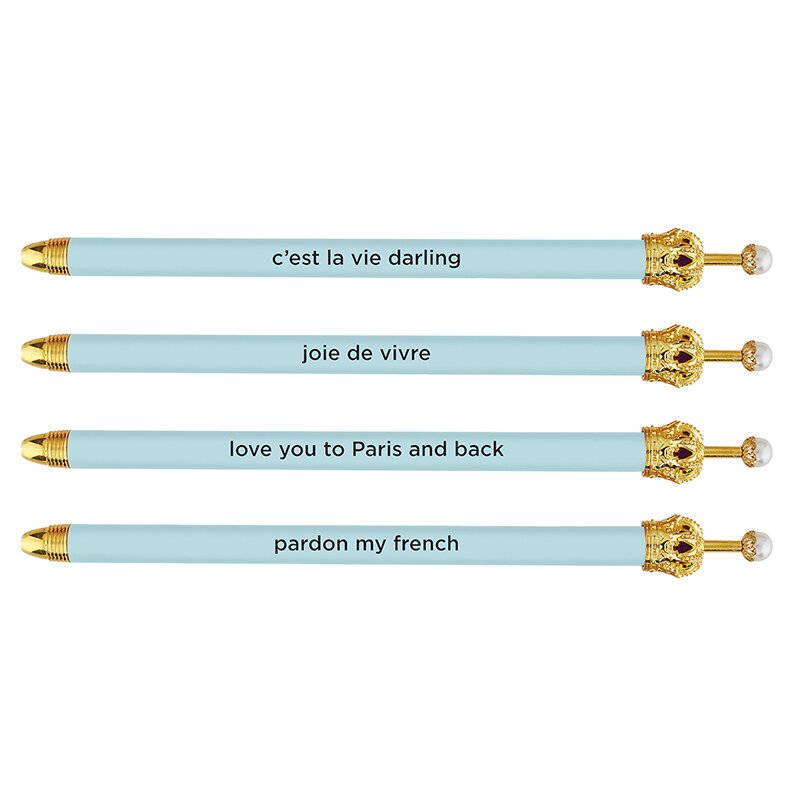 Love You To Paris and Back Crown Pen in Light Blue - Set of 12 | Giftable Quote Pens | Novelty Office Desk Supplies