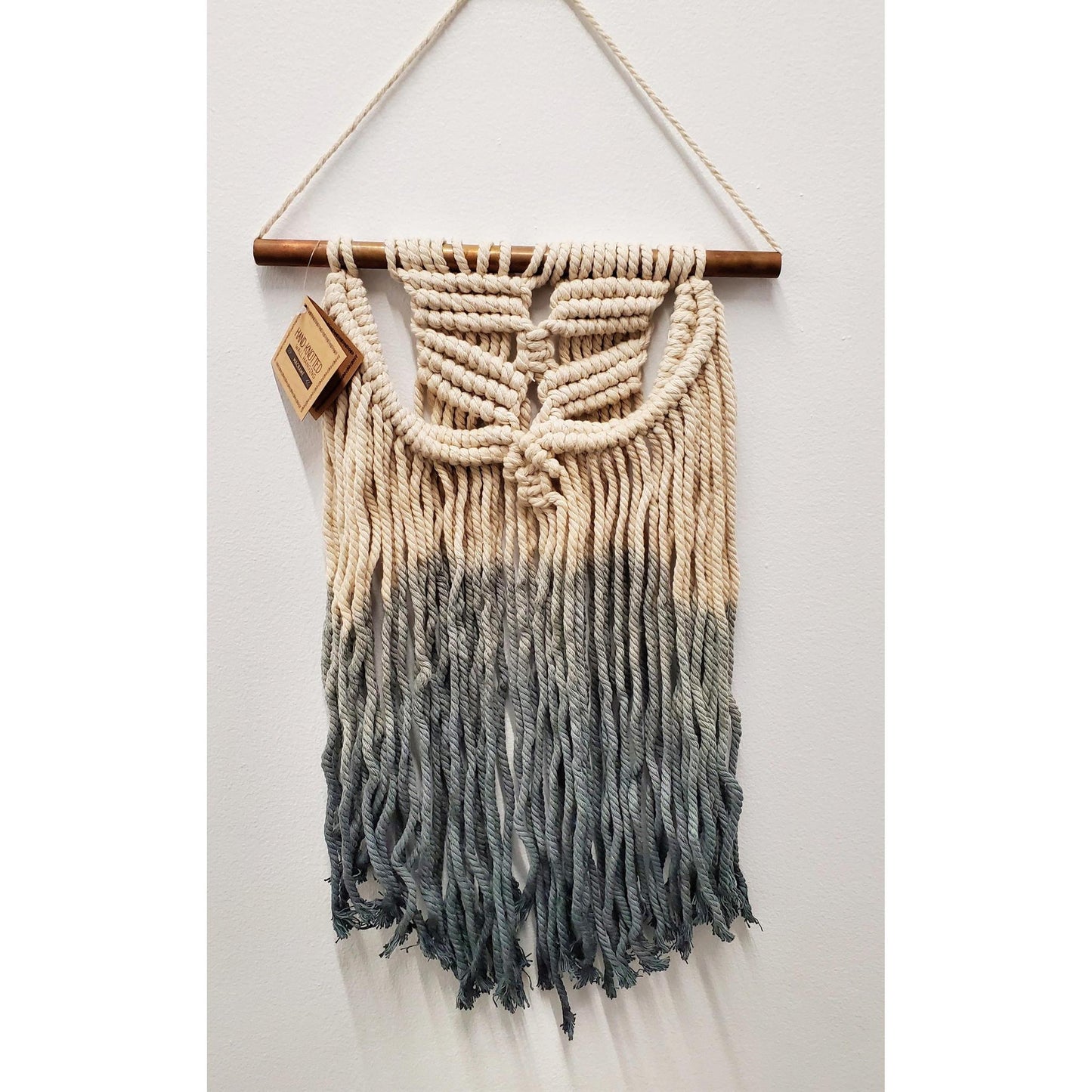 Macramé Woven Mid-Size Swag Wall Hanging | Dip-Dye Gray Ombré Knotted Fiber Art | 16" x 17"