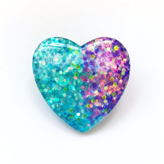Mermaid Glitter Heart Pin Back Button in Blue and Purple