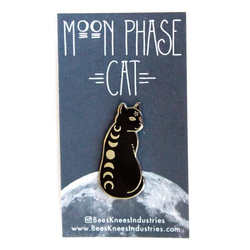 Moon Phase Cat Enamel Pin in Midnight Black
