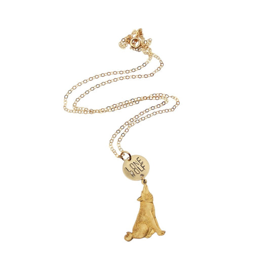 The Betty Collection: Lone Wolf Stamped Necklace With Wolf Charm in Gold or Silver