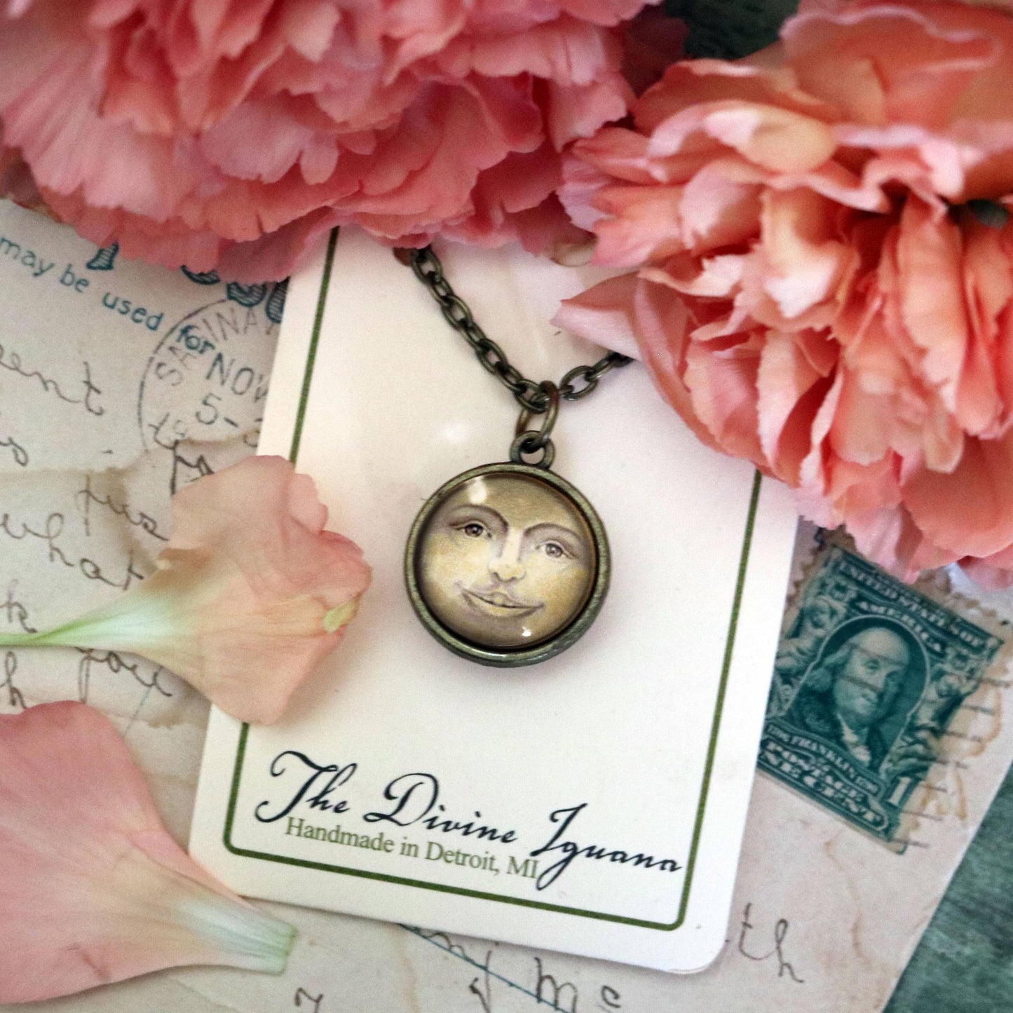Victorian Man in the Moon Simple Reversible Pendant Necklace