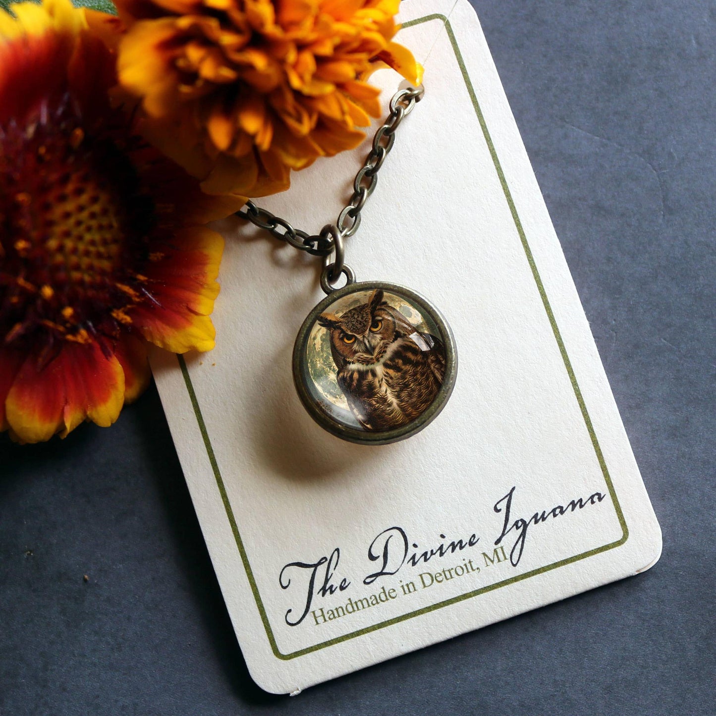 Victorian Owl Simple Reversible Glass Pendant Necklace