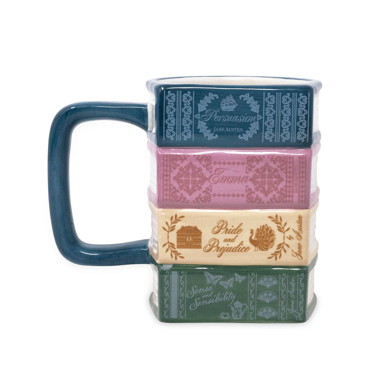 A square ceramic mug with a handle, stacked with four colorful book-cover-inspired bands: blue Persuasion, pink Emma, cream Pride and Prejudice, and green Sense and Sensibility.