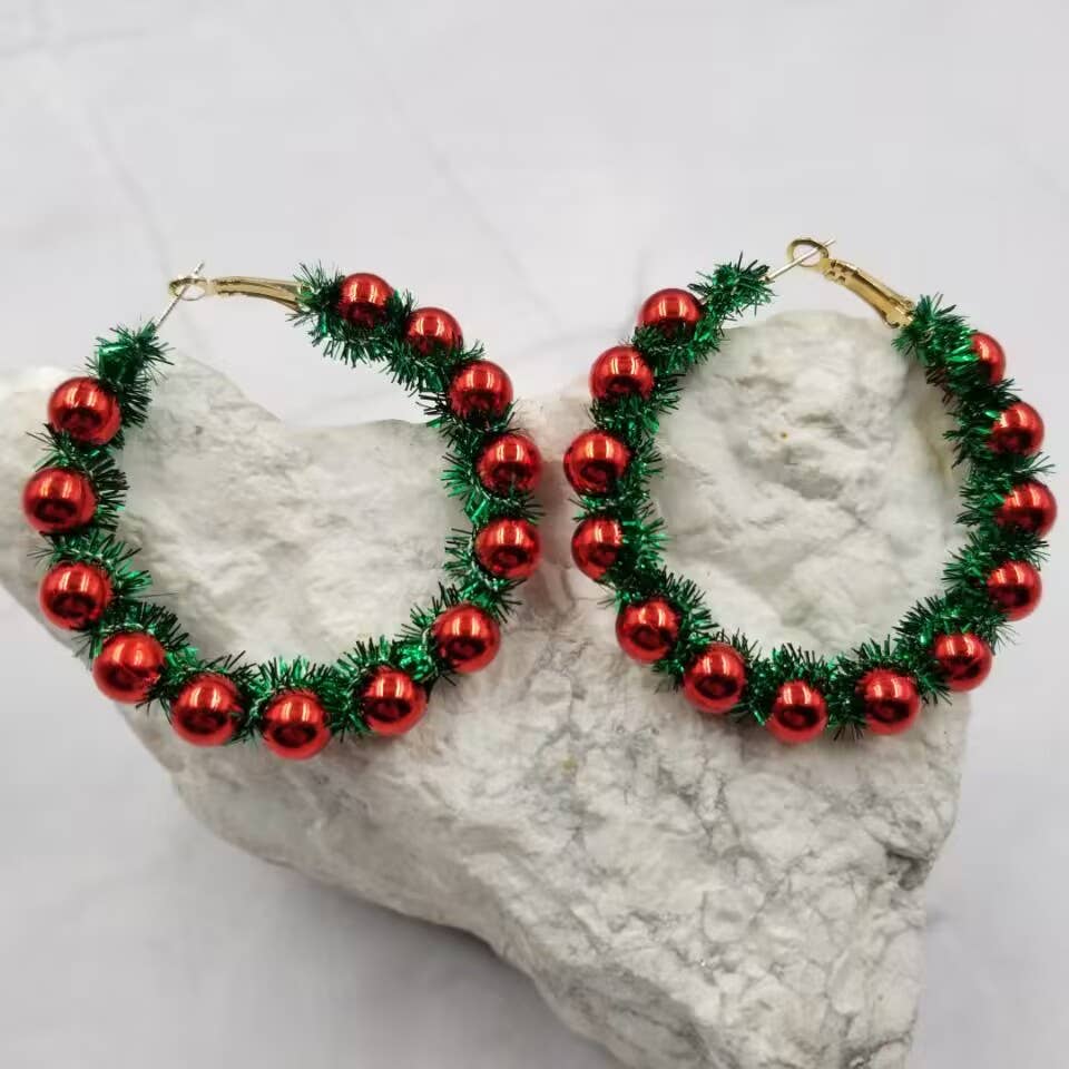 Christmas Pom Pom Beaded Hoop Earrings | Green and Red