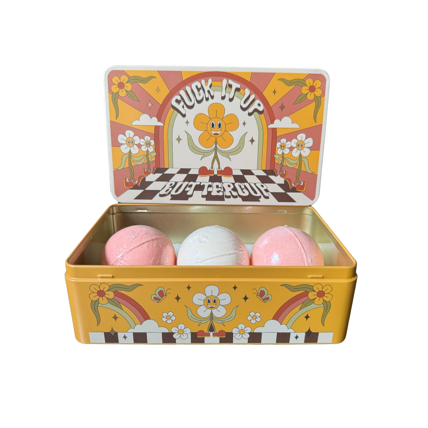Vintage-style tin with bath bombs and decorative lid featuring cartoon character
