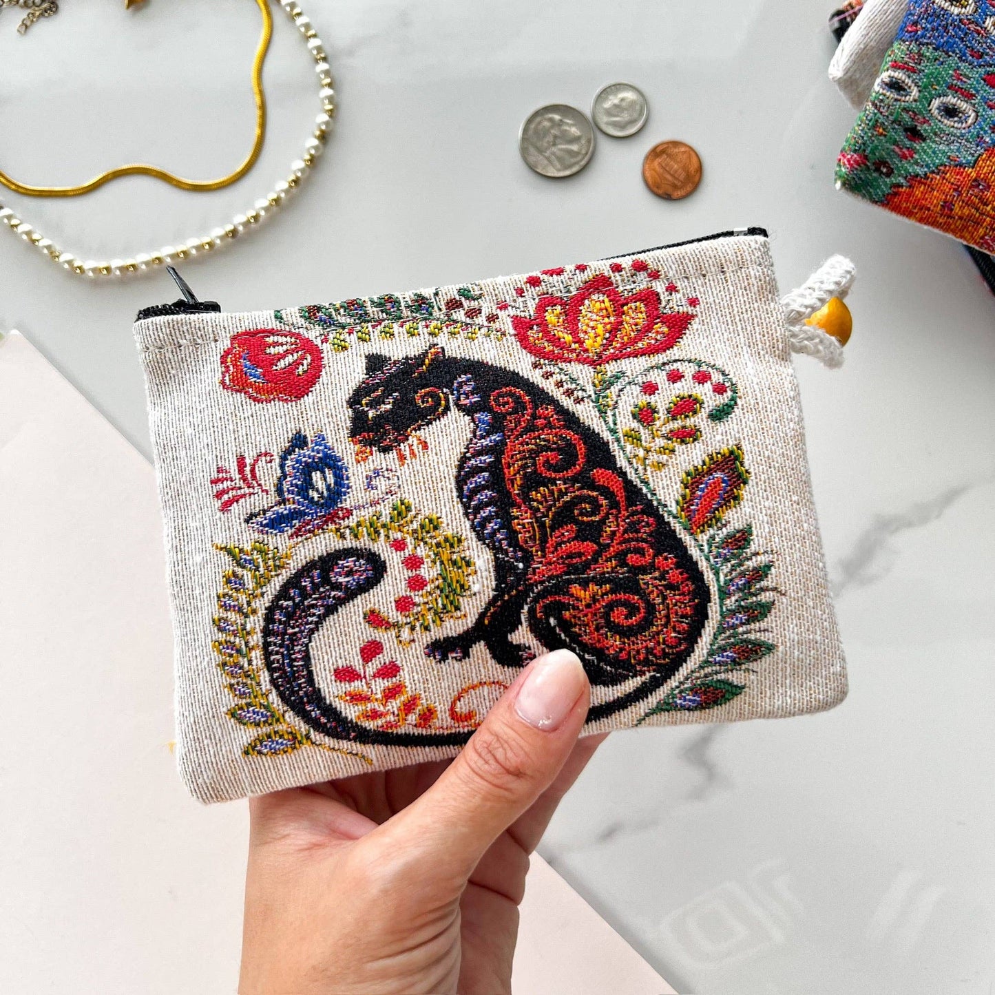 Cat Design Fabric Pouch | Handmade in Turkey | 4" x 5"