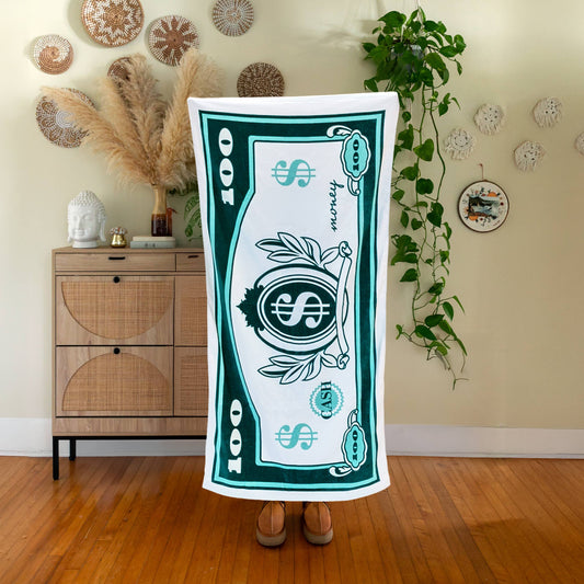 $100 Money Bill Green & Cream Pool / Beach Towel | Ultra-Soft Lightweight Travel Linen Towel