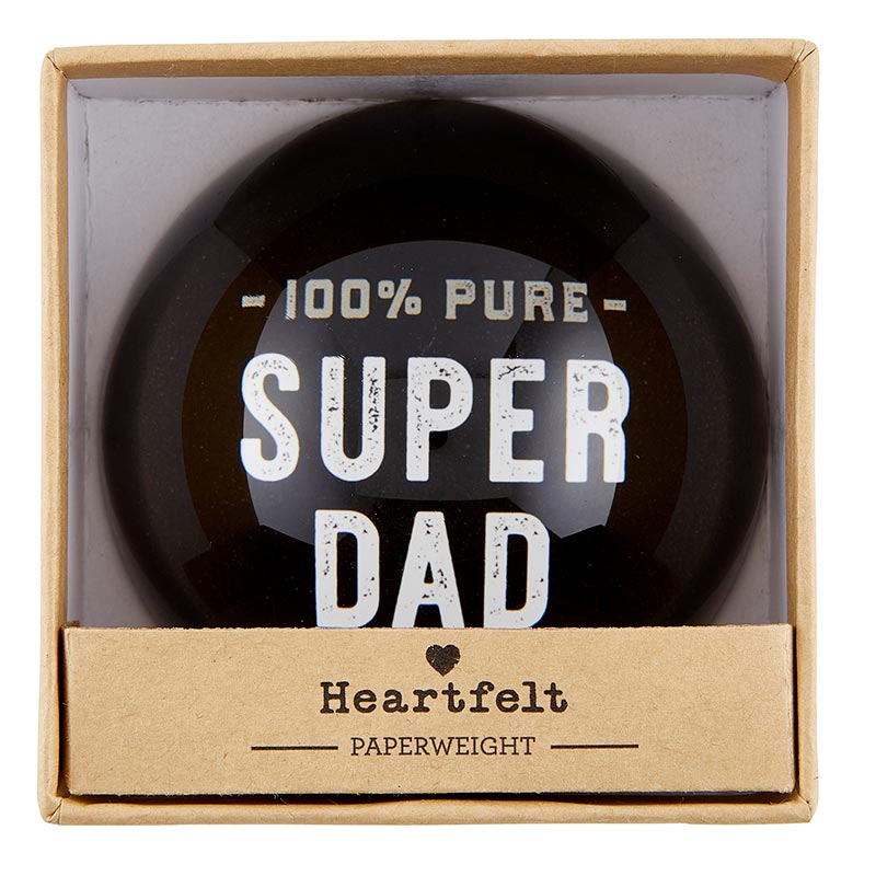 Paperweight with '100% Pure Super Dad' text in a box, branded 'Heartfelt'.