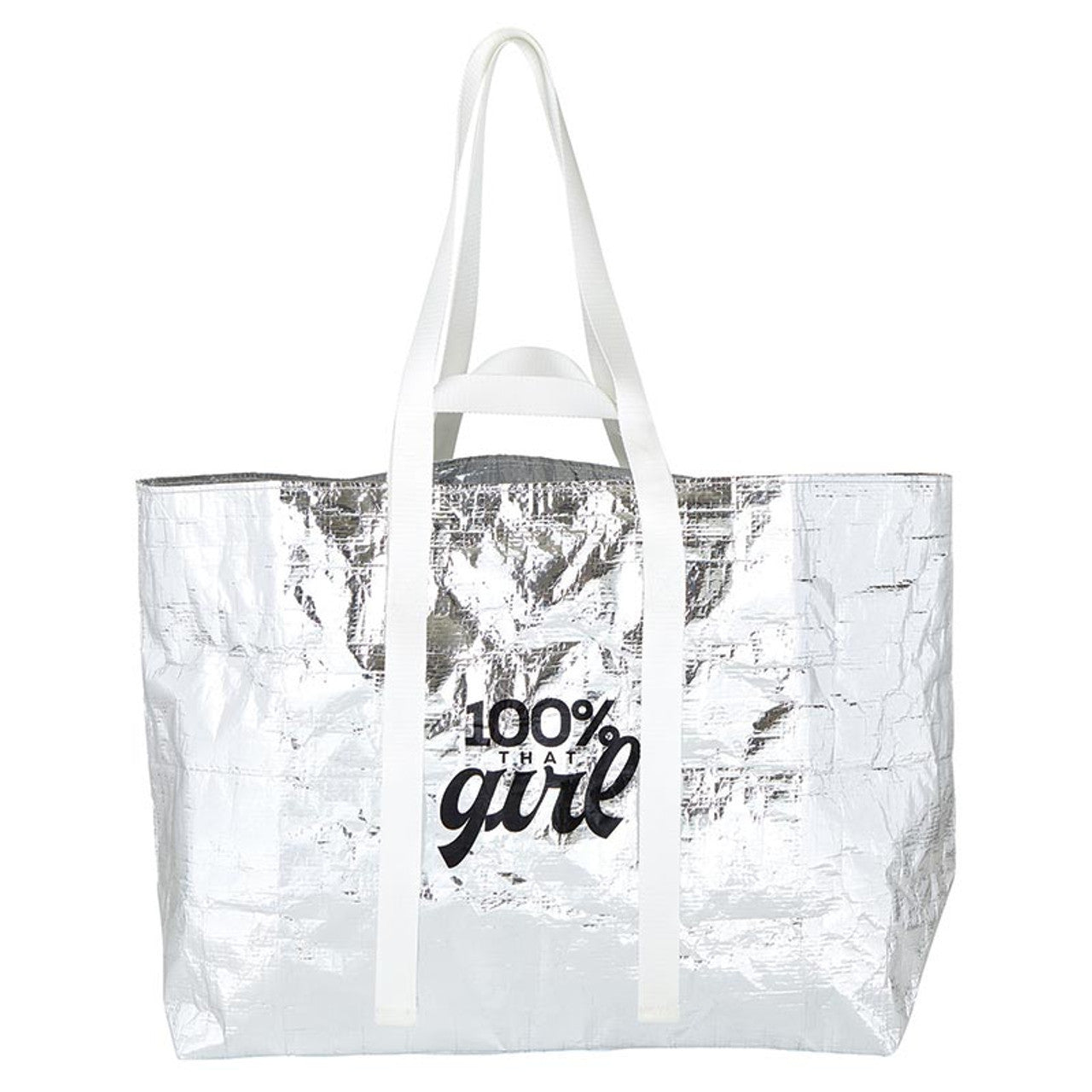 100% That Girl Large Silver Wrinkle Carry All Bag | Big Grocery Shopping Tote Bag