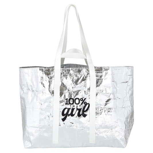 100% That Girl Large Silver Wrinkle Carry All Bag | Big Grocery Shopping Tote Bag