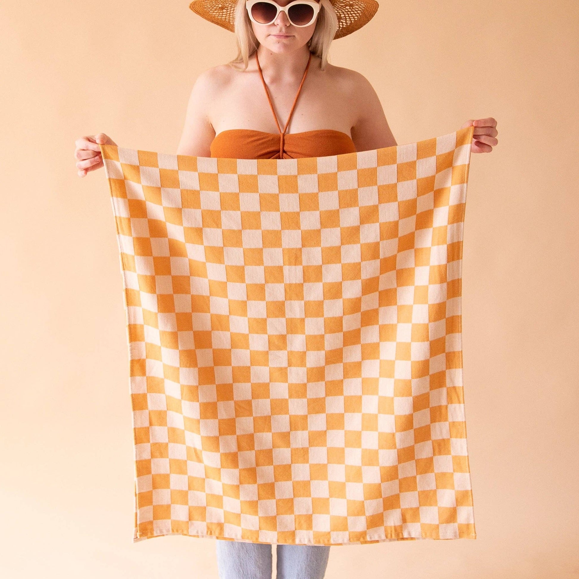 100% Turkish Cotton Sand Resistant Beach Towel in Orange/Tan Checker | Groovy '70s Aesthetic Themed Checkered Large Thin Towel