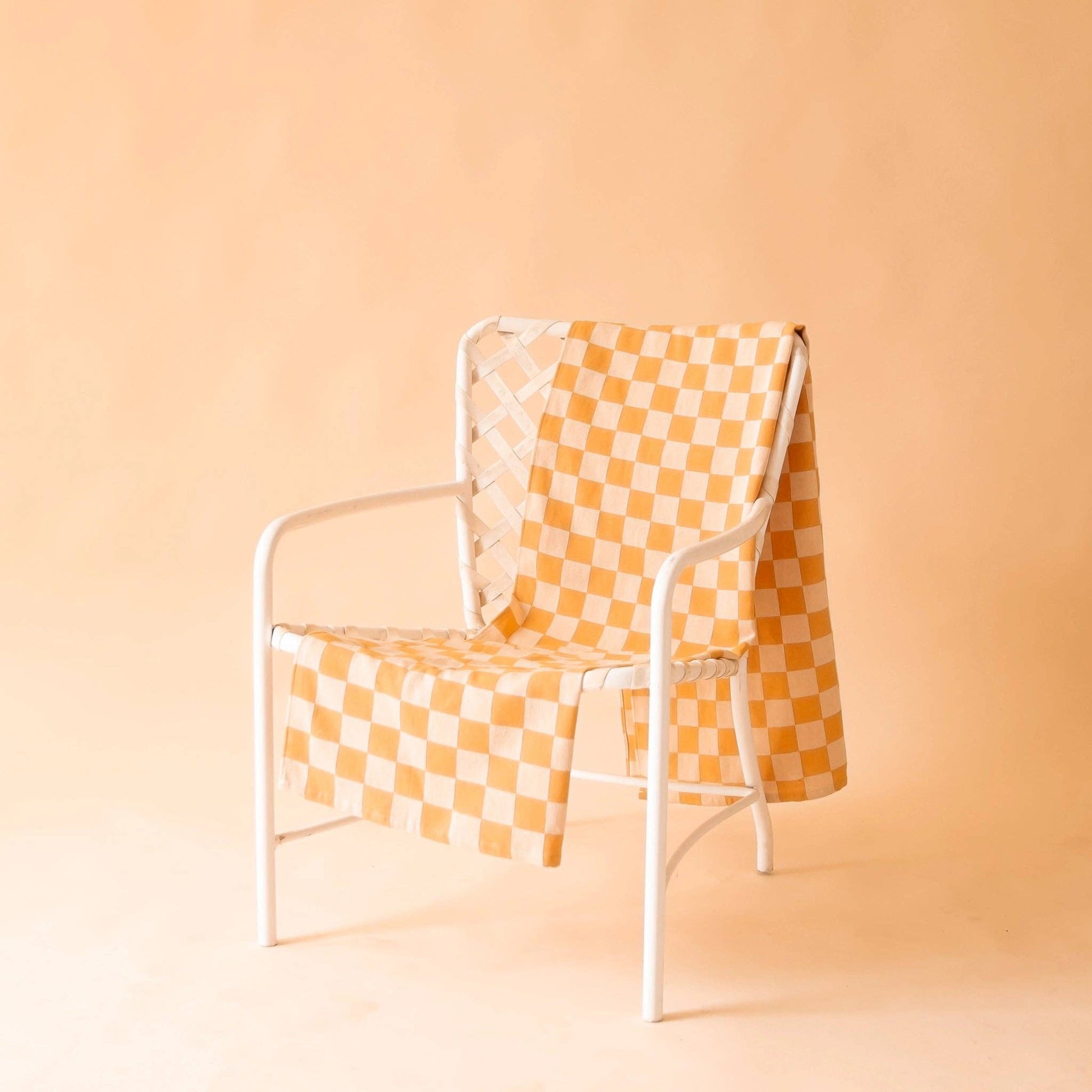 100% Turkish Cotton Sand Resistant Beach Towel in Orange/Tan Checker | Groovy '70s Aesthetic Themed Checkered Large Thin Towel