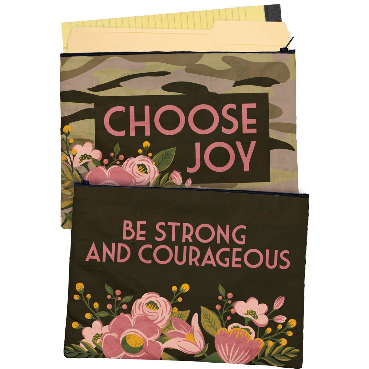 Be Strong And Courageous Zipper Folder | Double-sided Camo Pouch | 14.25" x 10"