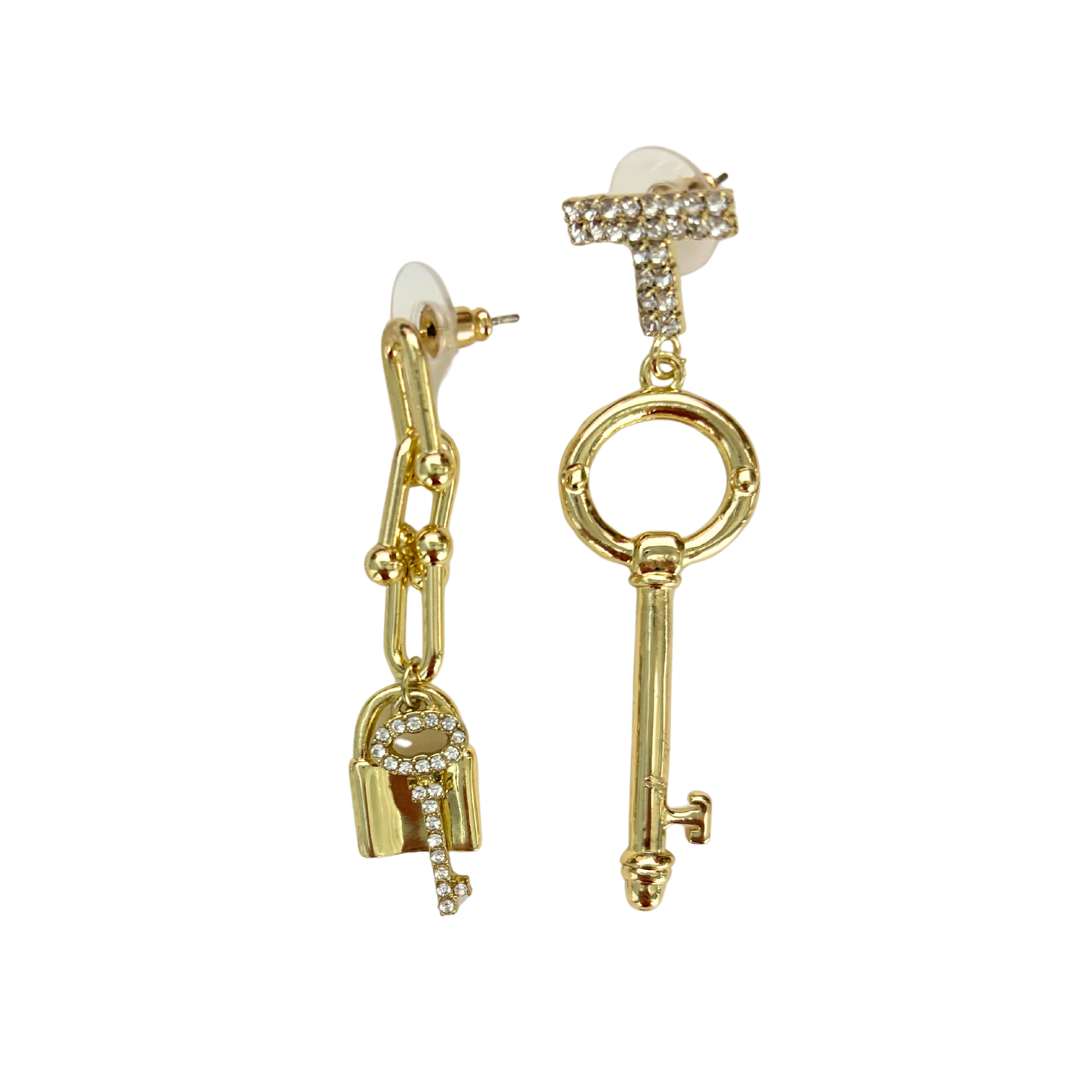 Romantic Key Asymmetrical Earrings in Gold | Mismatched Key & Lock Drop Earrings | 2–2.5" Post