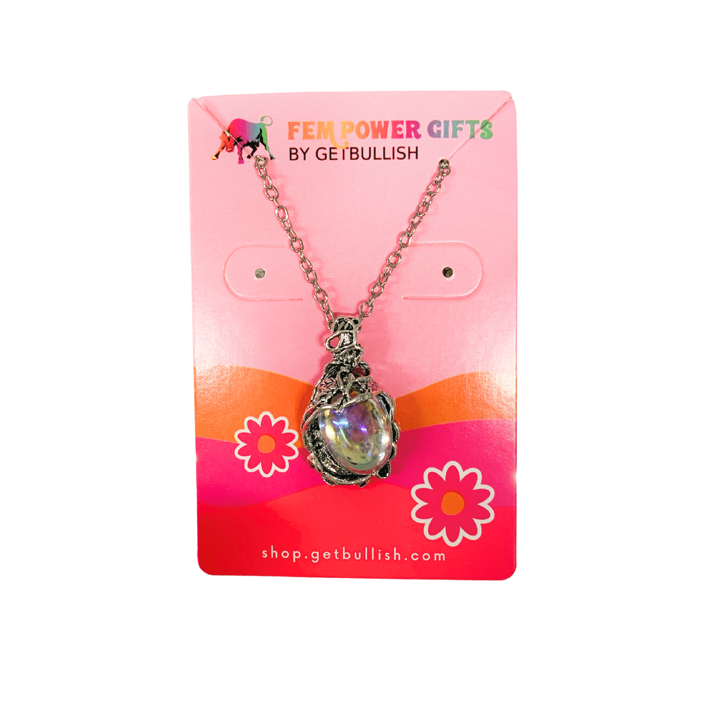 Romantasy Princess Opalescent Drop Necklace in Silver | Fantasy Gem Pendant | 18" + 2" Extender