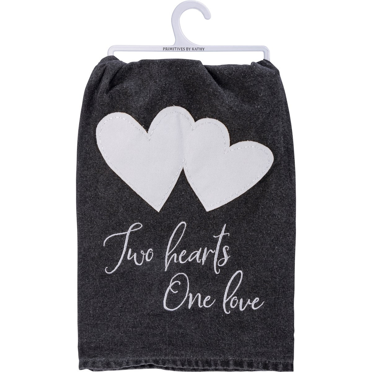 Two Hearts One Love Kitchen Towel | Black and White Stonewashed Tea Dish Cloth | 28" x 28"