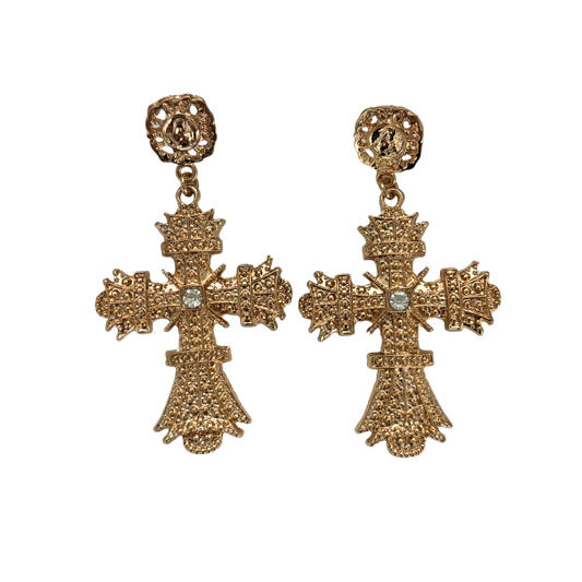 Massively Gothic Gold Cross Earrings | Baroque Statement Earrings | 3.25" Post Backs