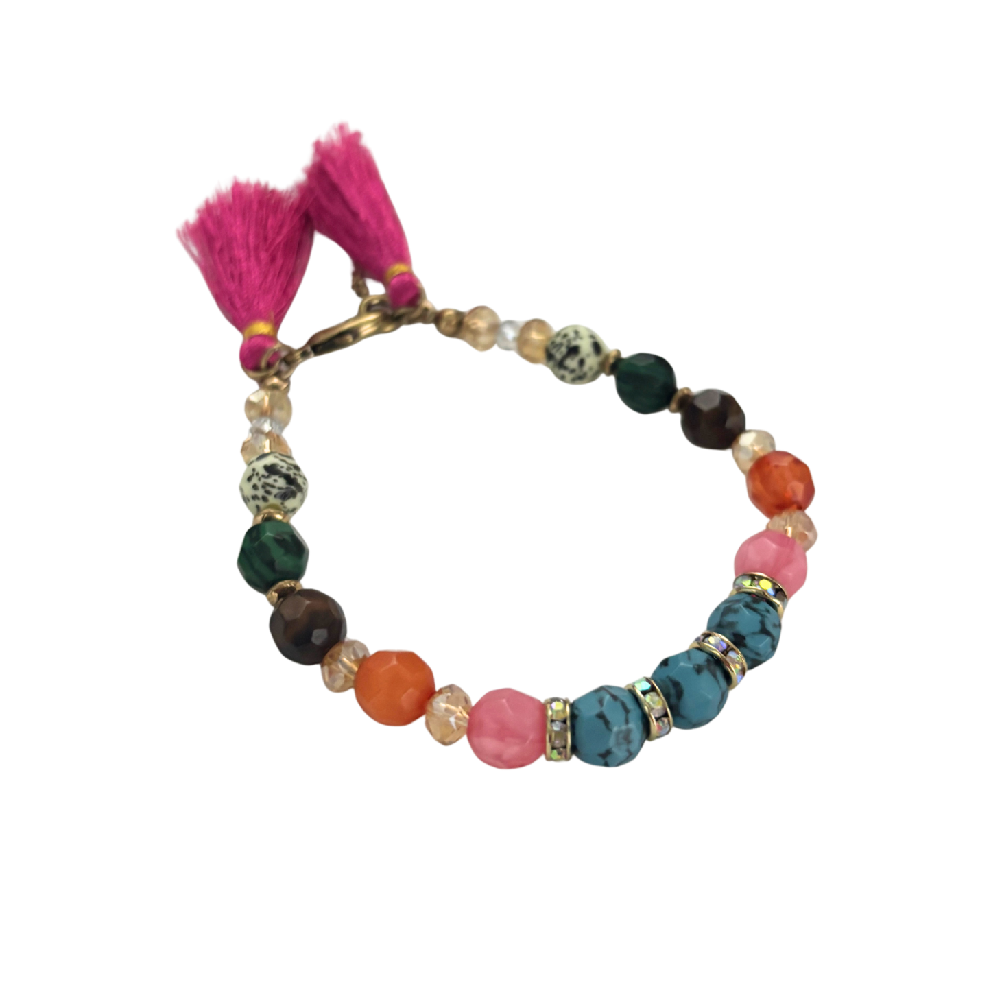 Hot Pink Tassel Beaded Bracelet | Rainbow Summer Beads with Speckle Beads | 6.5" + Extender