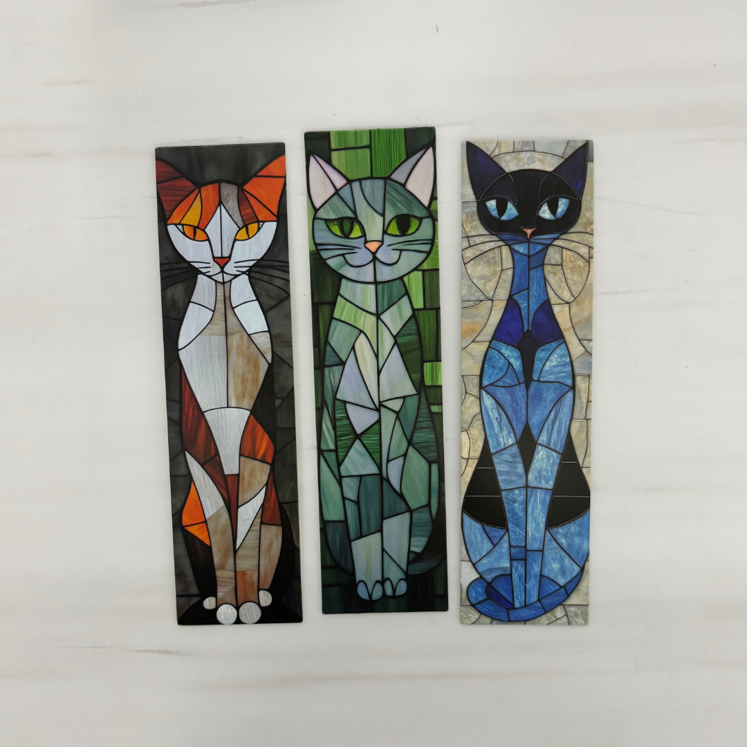 Stained Glass Cats Bookmark Set of 30 | Assorted Cat Art Cardboard Bookmarks