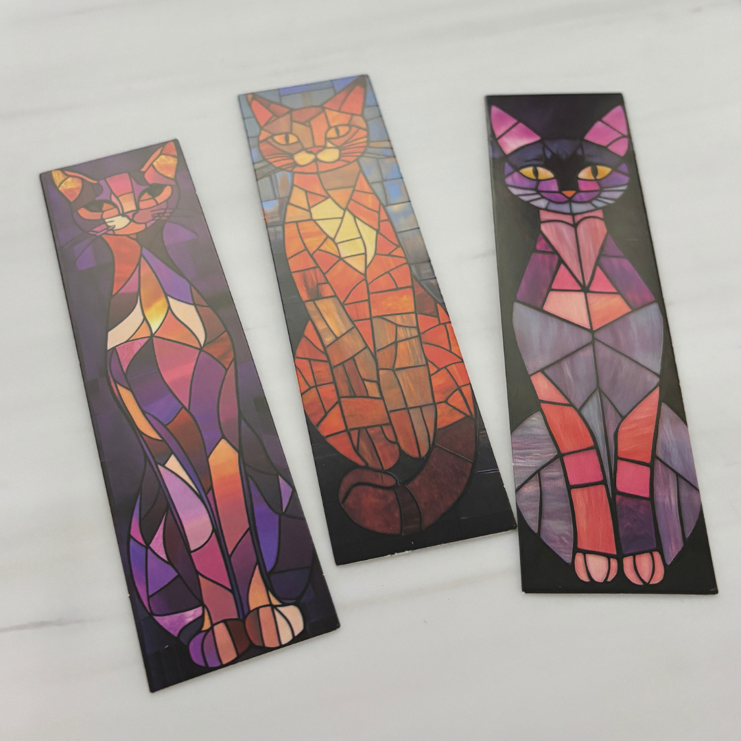 Stained Glass Cats Bookmark Set of 30 | Assorted Cat Art Cardboard Bookmarks