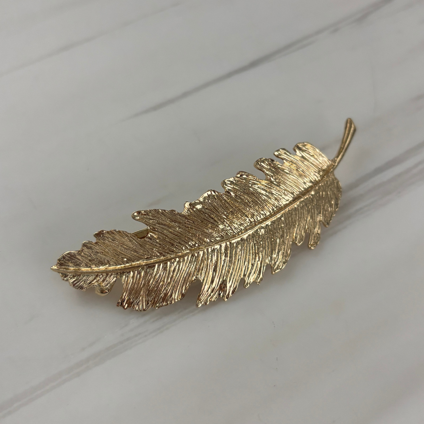 Gold Feather Barrette | Sculpted Metal Feather Hair Clip 3.8"