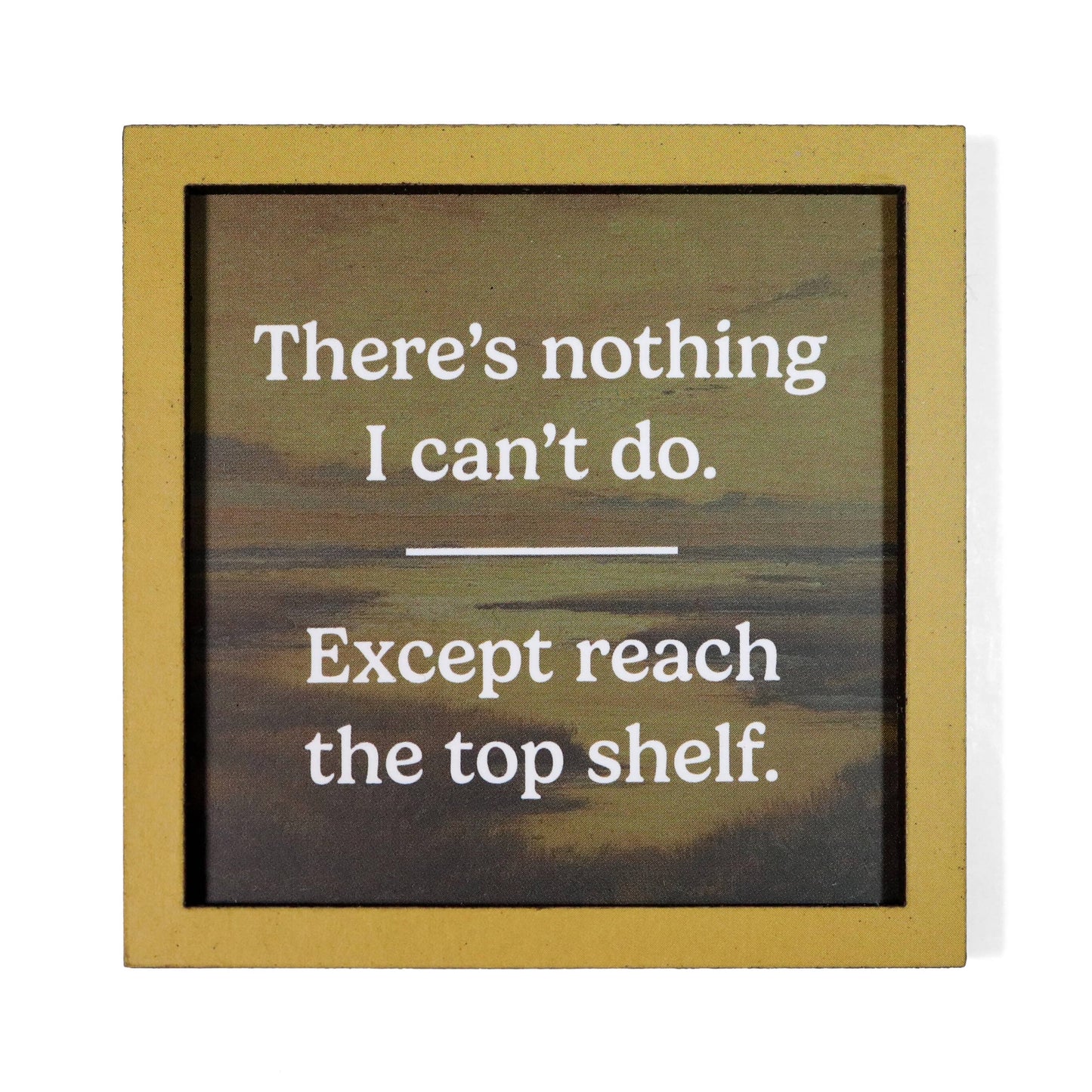 A square framed magnet with a rustic gold frame and a dark, textured background. White text reads, 'There's nothing I can't do.  Except reach the top shelf'.