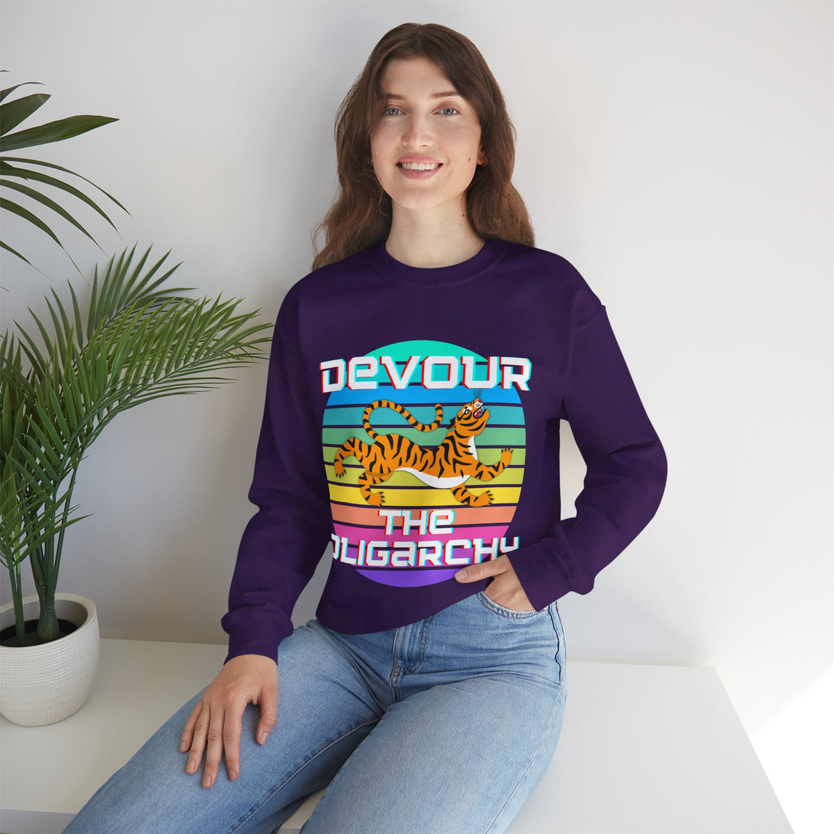 Tiger Motif "Devour the Oligarchy" Unisex Heavy Blend™ Crewneck Sweatshirt [Sizes S-5X]