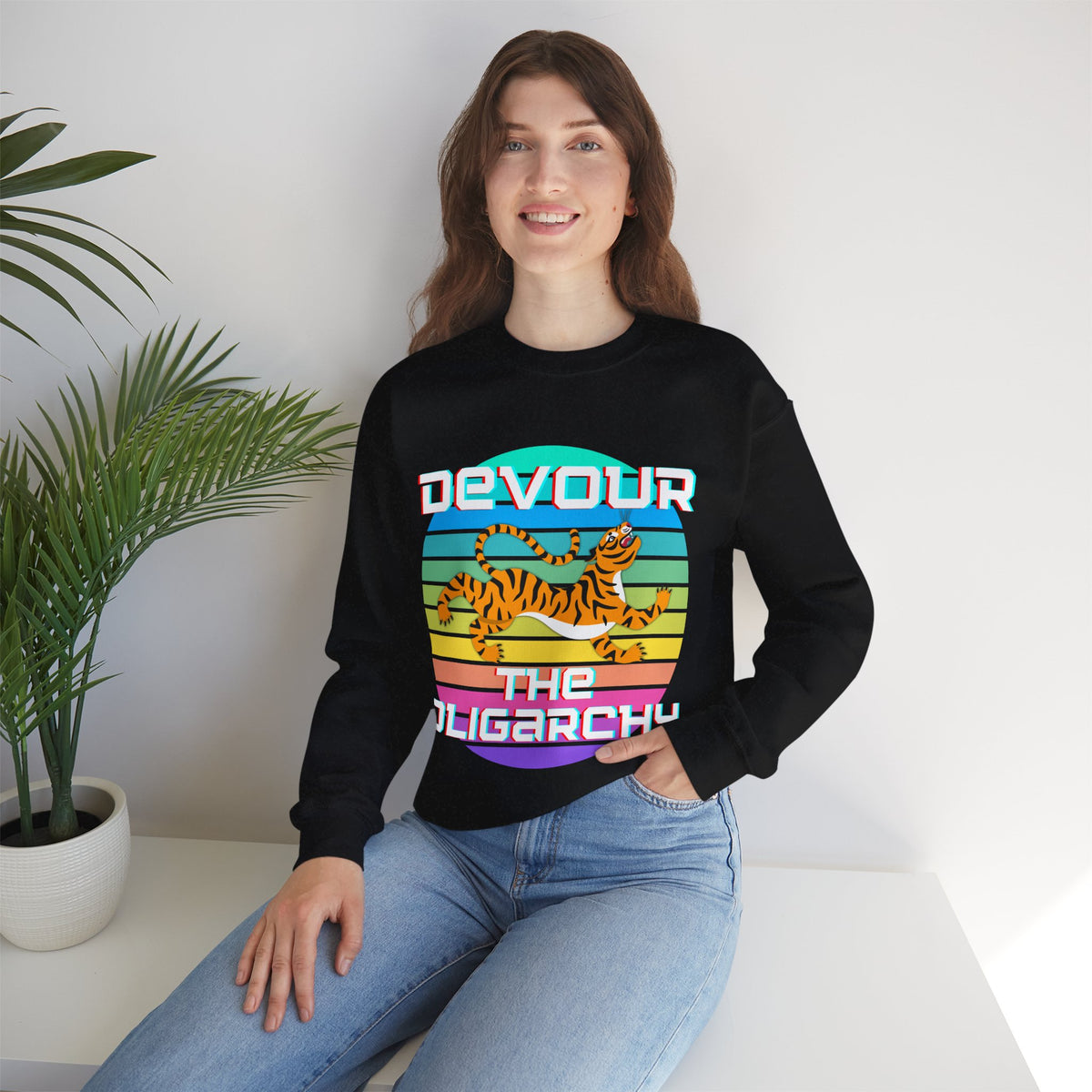 Tiger Motif "Devour the Oligarchy" Unisex Heavy Blend™ Crewneck Sweatshirt [Sizes S-5X]