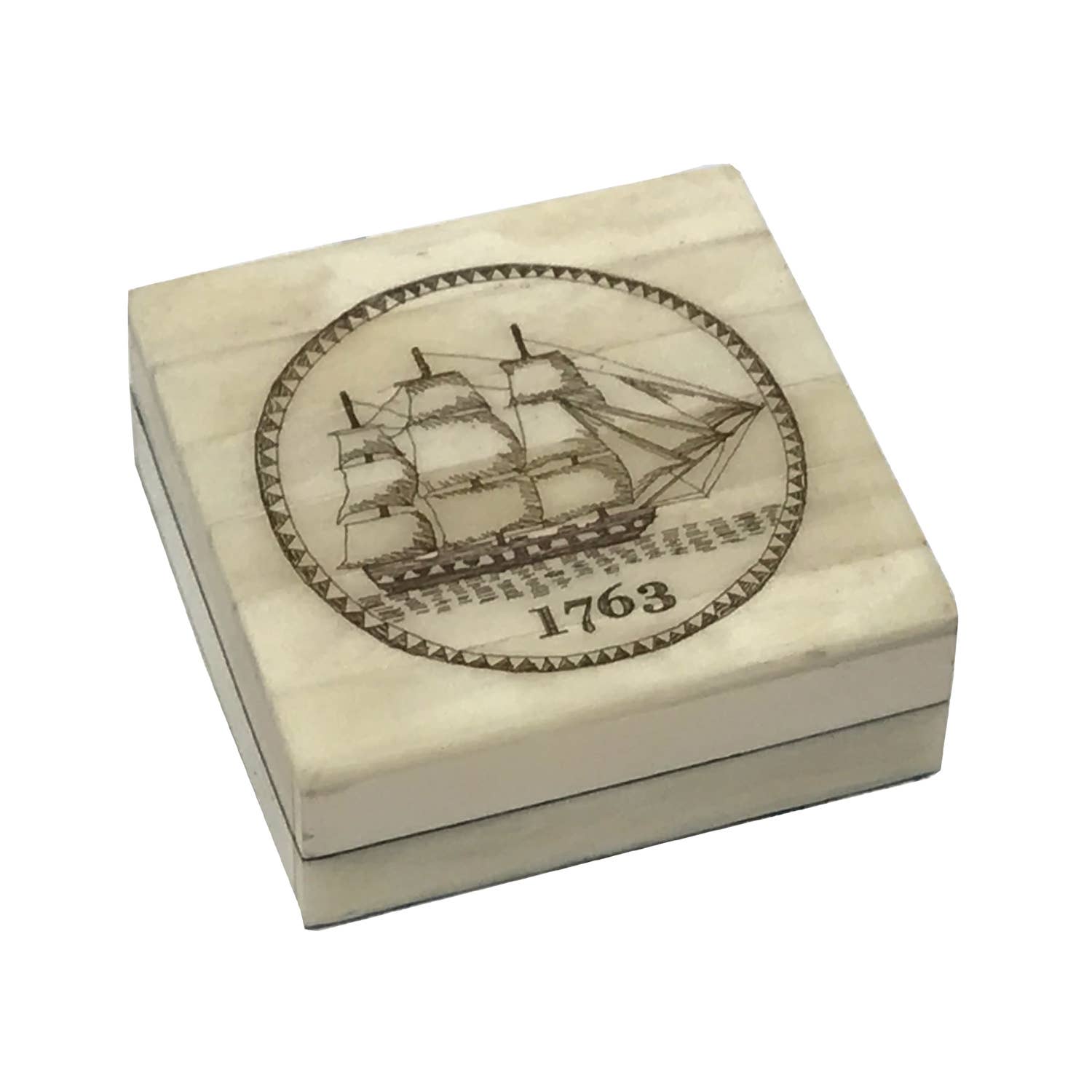 1763 Ship Scrimshaw Bone Box w/ Inlaid Brass Compass Men's Gift | Home Desk Decor | 3"x3"