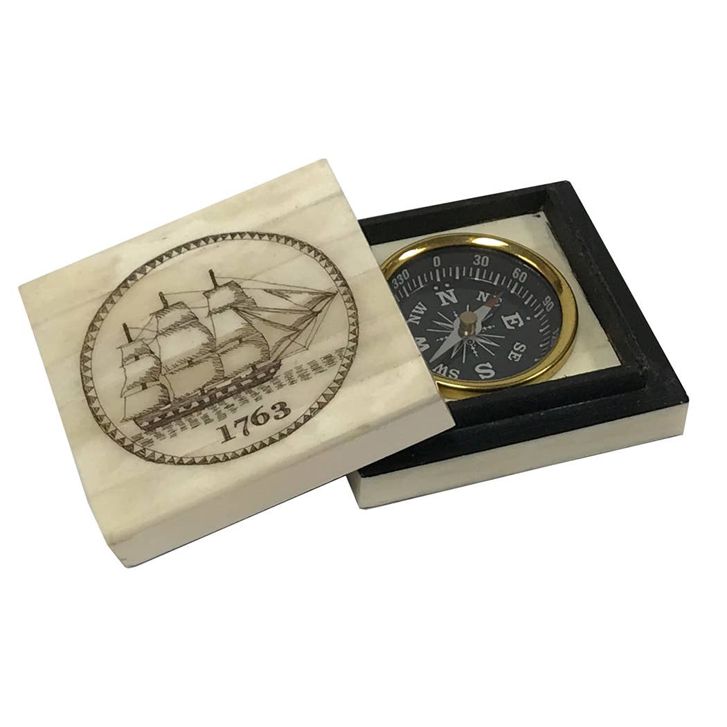 1763 Ship Scrimshaw Bone Box w/ Inlaid Brass Compass Men's Gift | Home Desk Decor | 3"x3"