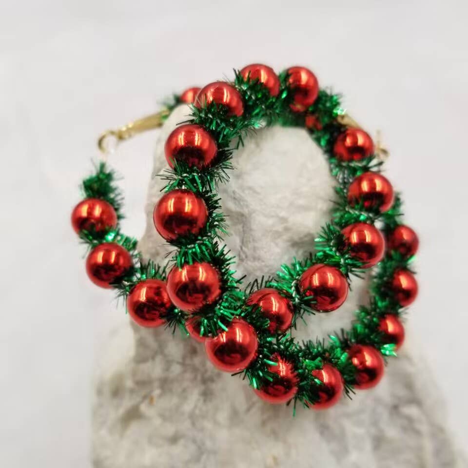Christmas Pom Pom Beaded Hoop Earrings | Green and Red