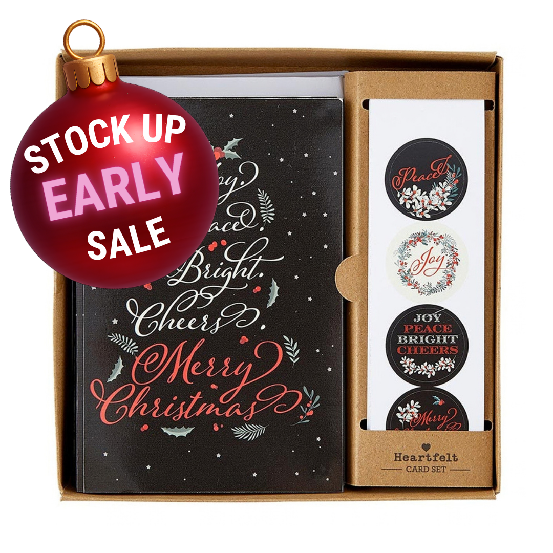 Christmas Card Set with Sticker Seals | Joy Peace Bright Cheers Merry Christmas Cards Set | Dark Floral Blank Inside Holiday Greeting Cards Set of 12