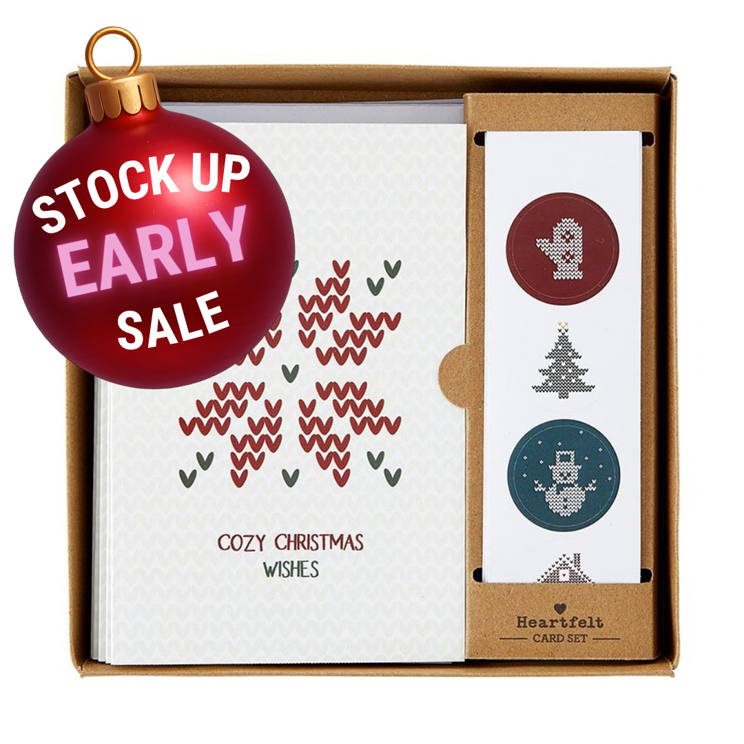 Christmas Card Set with Sticker Seals | Cozy Christmas Wishes | Blank Inside Holiday Greeting Cards Set of 12
