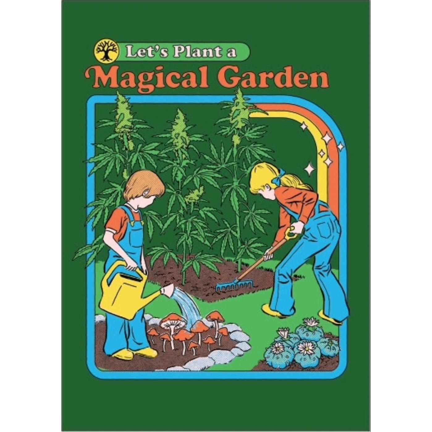 Refrigerator magnet of 'Let's Plant a Magical Garden' with two children gardening.