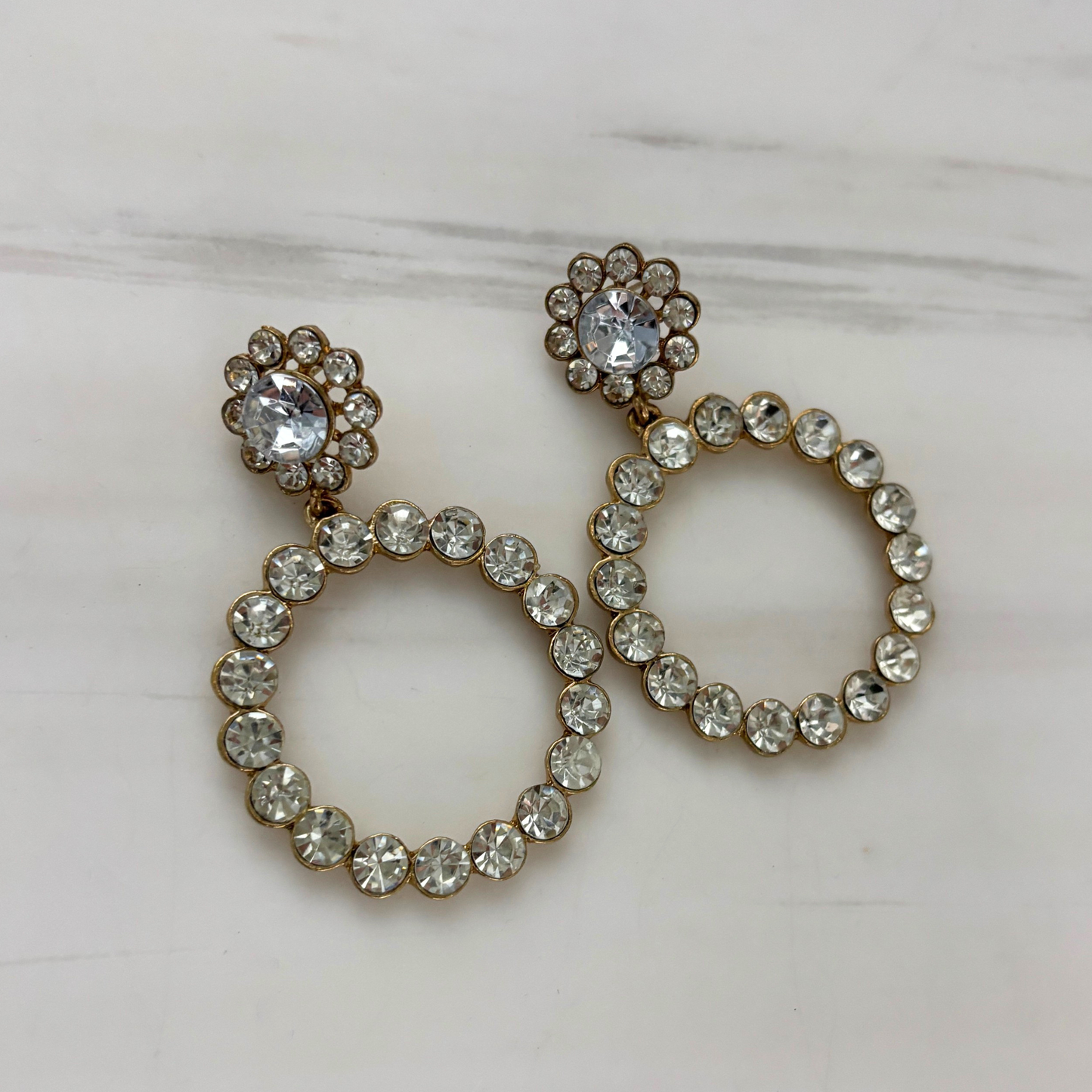 Glamour Forever Dangle Circle Earrings | Faux Diamond Flower & Circle | 2" Post | Gold or Silver