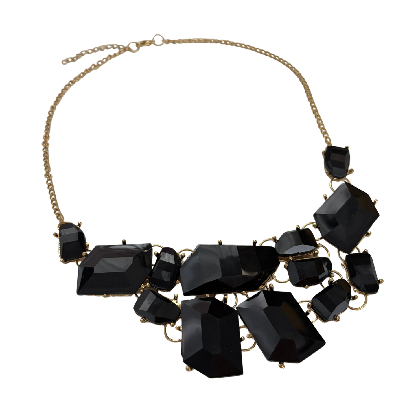 Evil Queen Jagged Gems Statement Necklace | Black Faceted Gems, Gold Setting | Bib Style