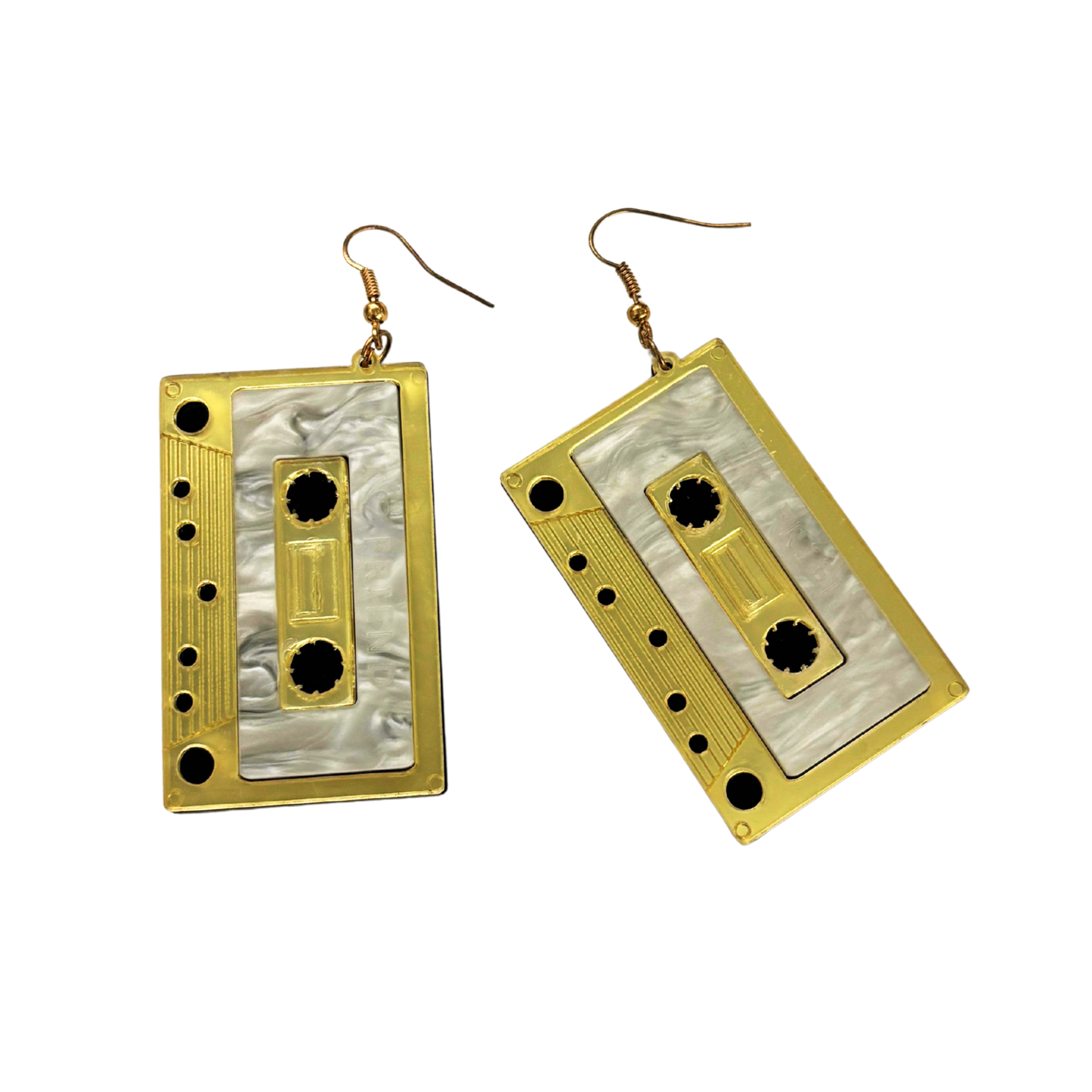Jumbo Cassette Dangle Earrings in Gold | Matte Gold & Pearl Acetate | 3" Ear Wire