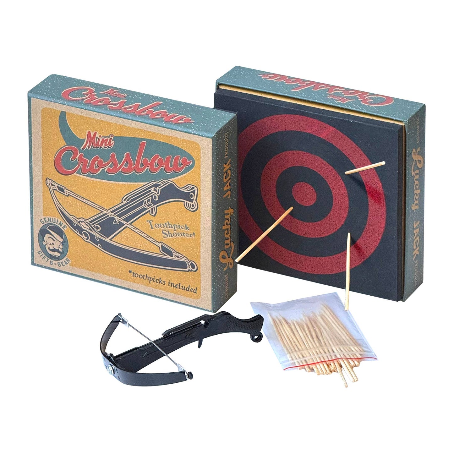 A vintage-style wooden crossbow set shown with its illustrated box, a black crossbow, a clear pouch of wooden toothpicks, and a wooden target. The box features retro graphics with the text 'Mini Crossbow Toothpick Shooter'.