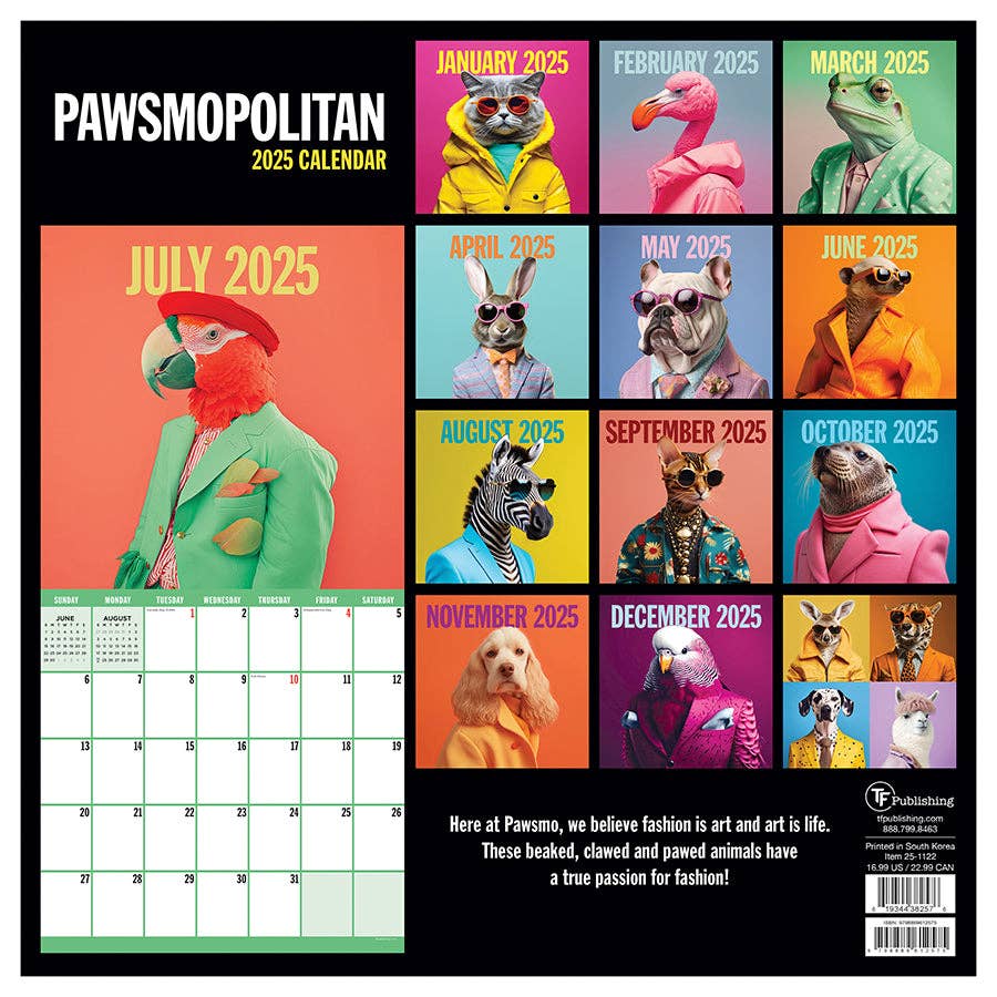 2025 Pawsmopolitan Wall Calendar | Cat Lover Giftable Hanging 12 Month Calendar