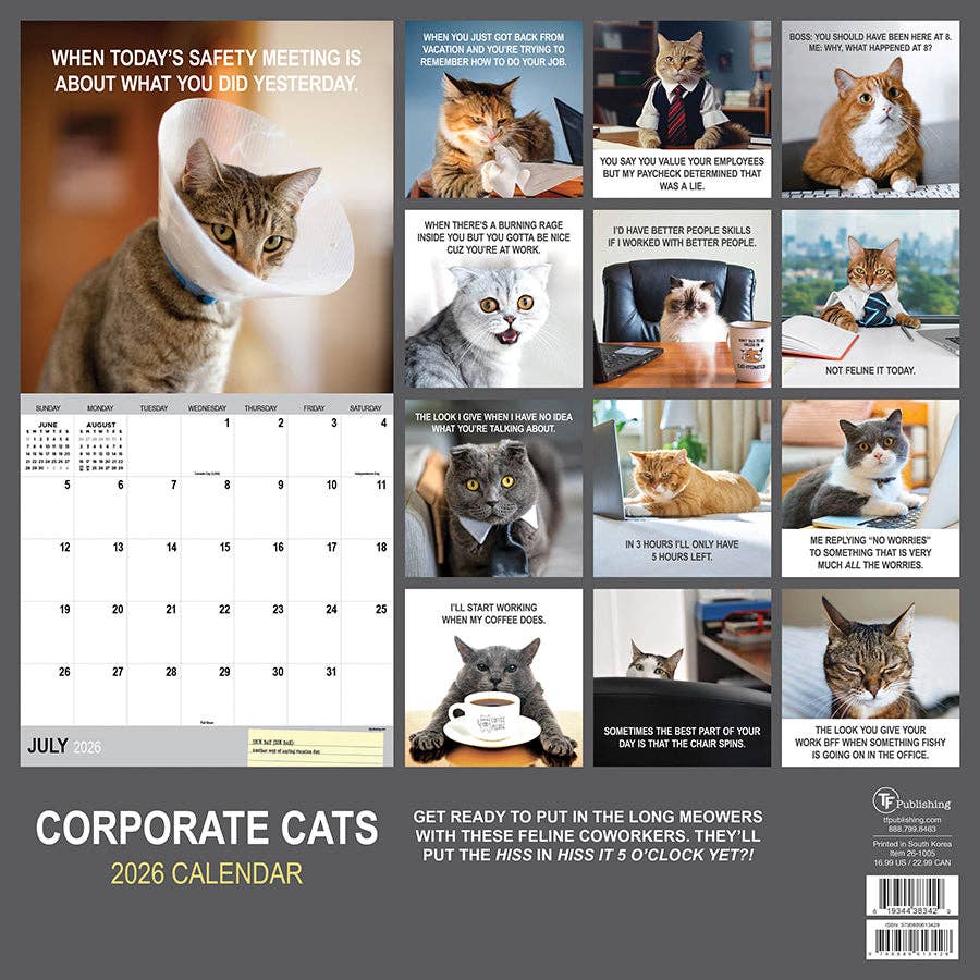 2026 Corporate Cats Wall Calendar | Cute Funny Cat Lovers Calendar Poster | 12" x 12"