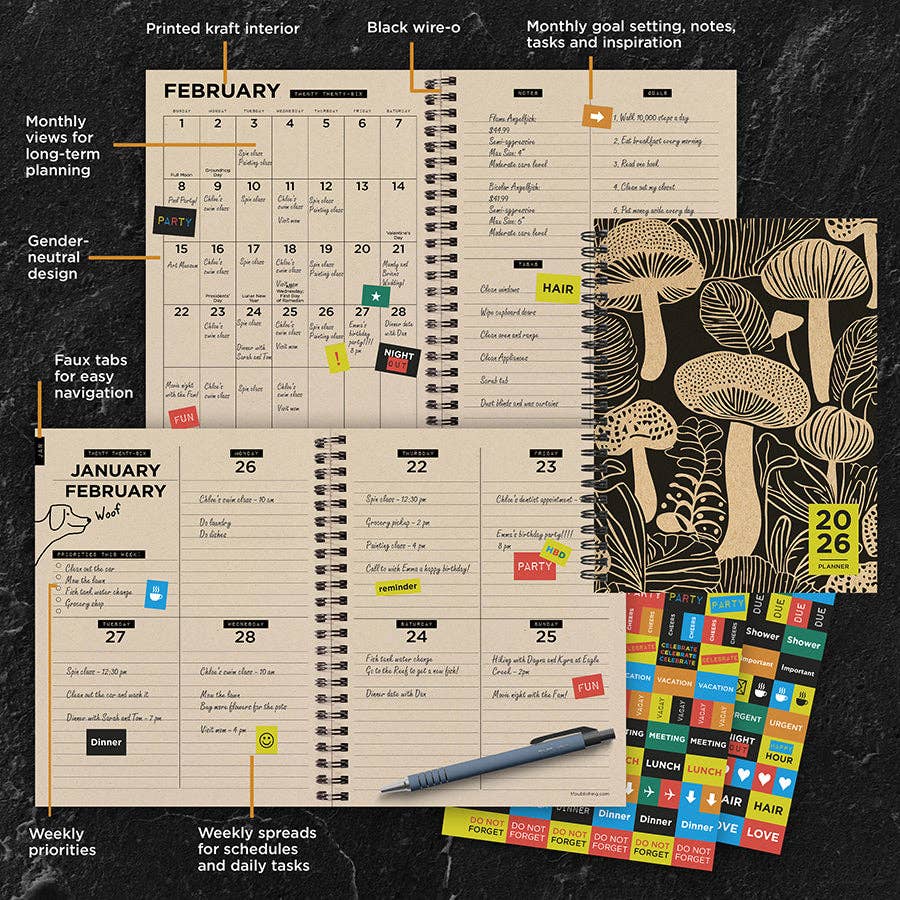 2026 Mushroom Medium Weekly Monthly Planner | Wire-o Binding Diary Datebook Organizer | 6.5" x 8"