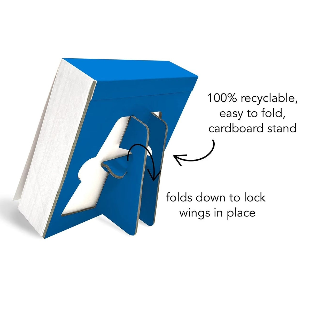 Blue cardboard stand with text highlighting its recyclable and foldable properties on a white background